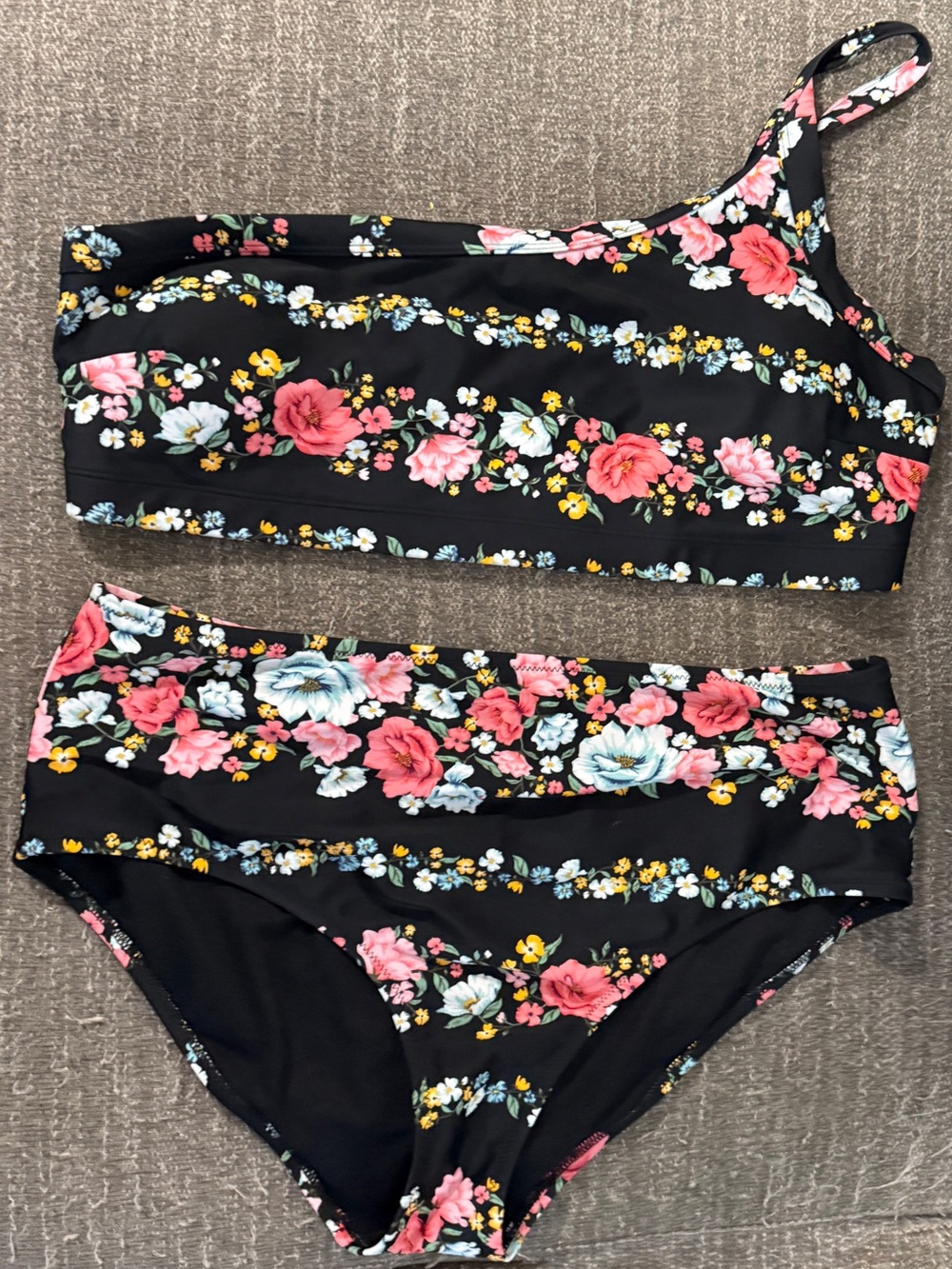 One-Shoulder Floral Bikini Set in Black with Pink & Blue Flowers